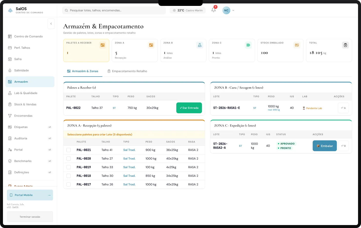 Vista Almacén & Empaquetado — palés, zonas A/B/C, expedición