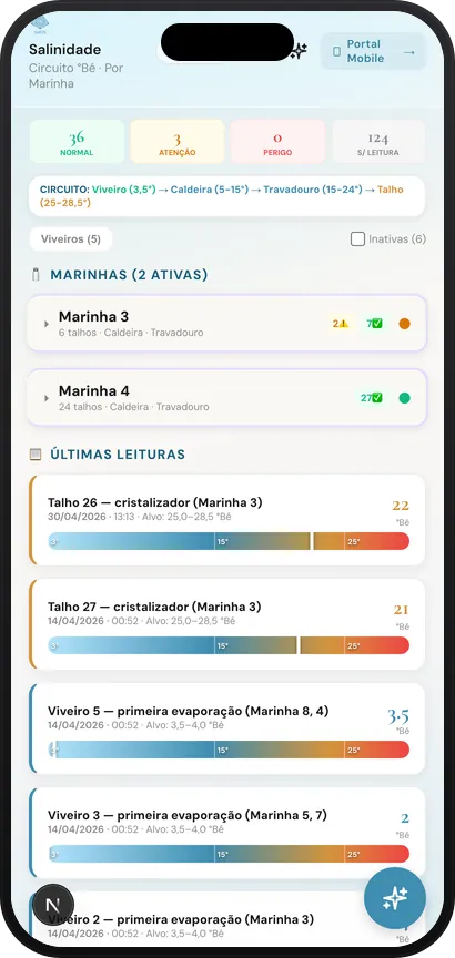 Salinity tracker on the SalOS mobile app — Baumé readings per marinha & talho