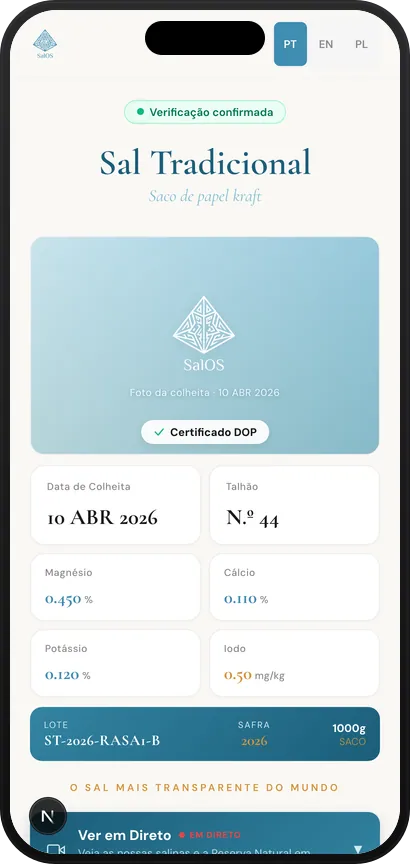 Gravação em scroll da página pública de rastreabilidade QR com resultados laboratoriais, origem e certificação DOP